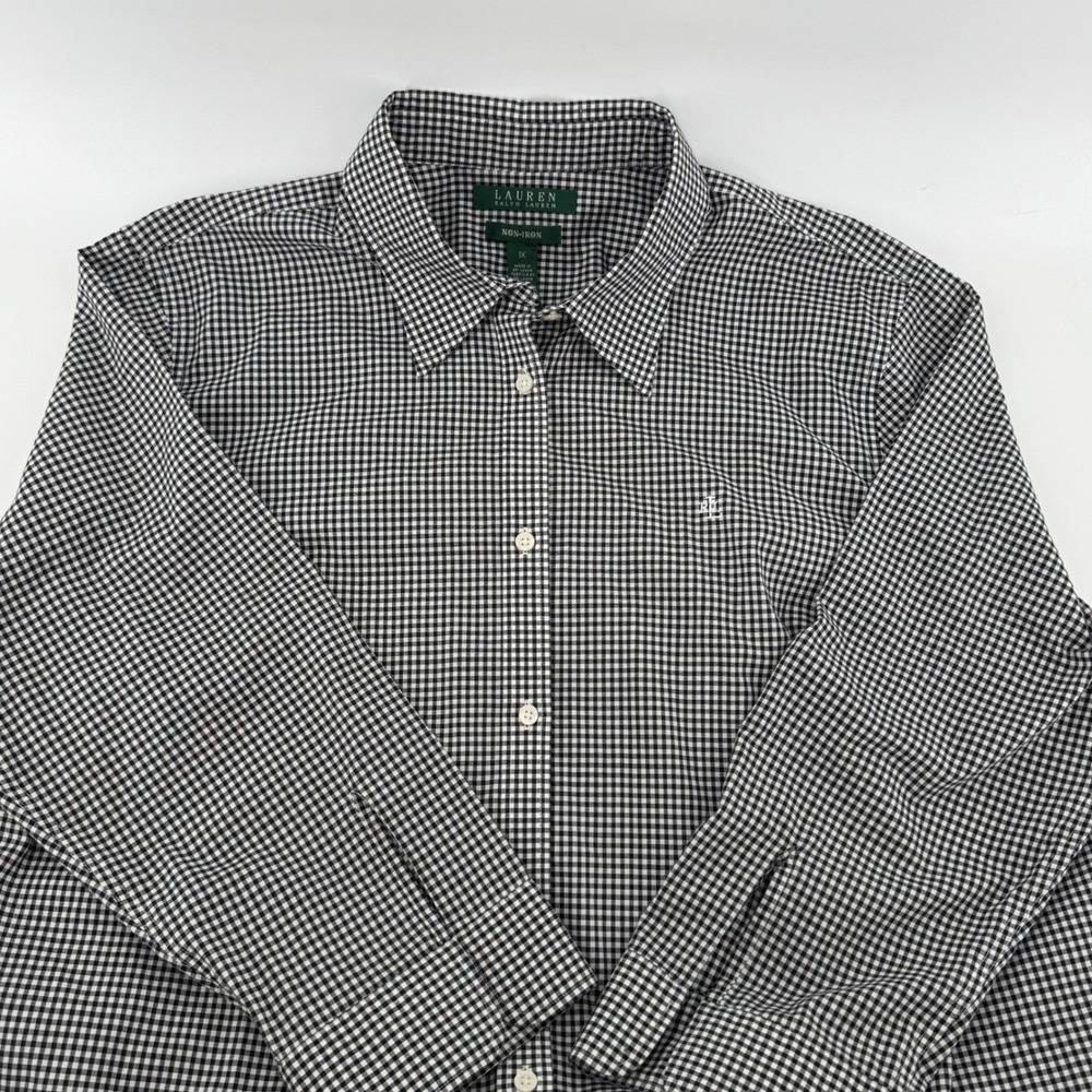 Lauren Ralph Lauren ECU Women Black White Gingham Check Button Down Blouse 1x - Picture 2 of 10